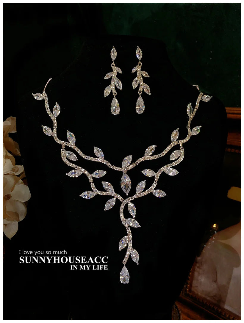 S925 Floral Necklace Earrings Jewelry Set