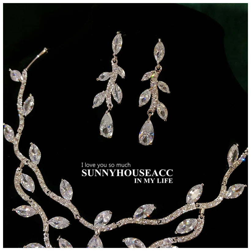 S925 Floral Necklace Earrings Jewelry Set