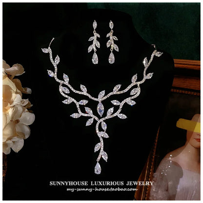 S925 Floral Necklace Earrings Jewelry Set