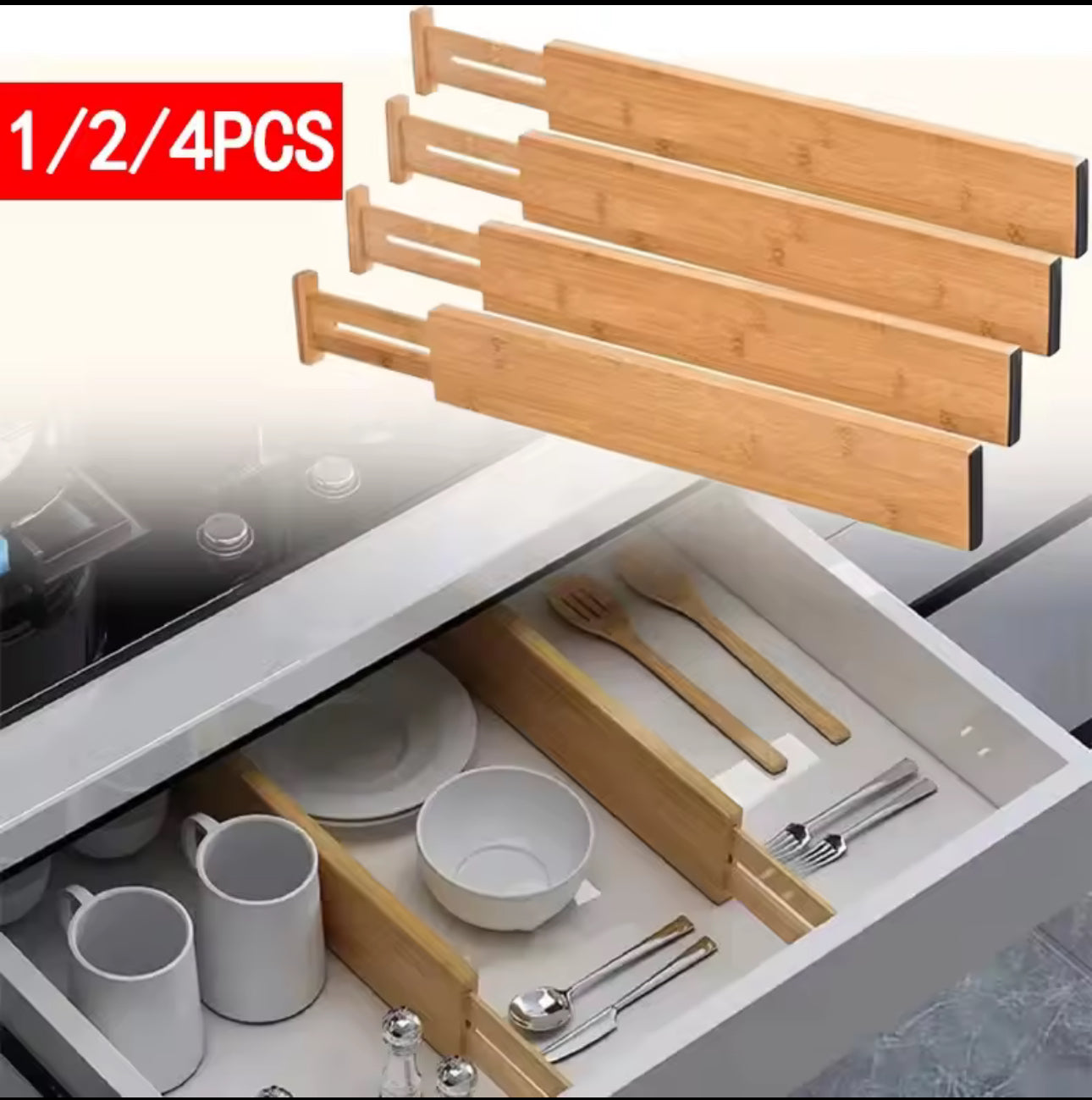 4-Piece Adjustable Bamboo Drawer Organizer Set