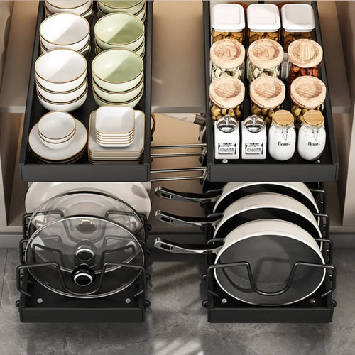 Pull-Out Kitchen Pot & Pan Organizer Rack | Adjustable Sliding Cabinet Storage