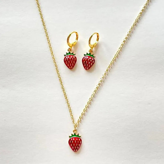 Strawberry Charm Necklace Earrings Set