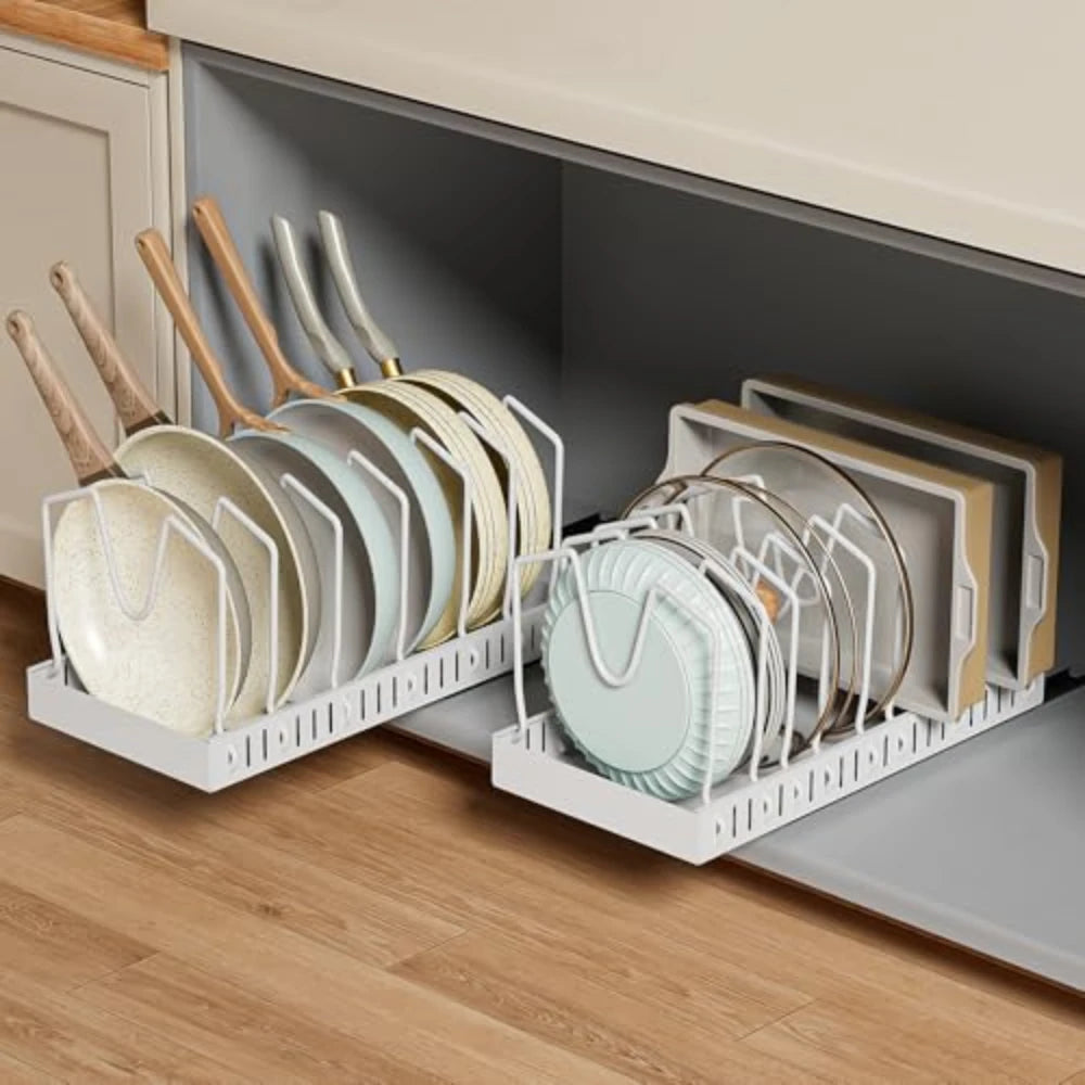 Pull-Out Kitchen Pot & Pan Organizer Rack | Adjustable Sliding Cabinet Storage