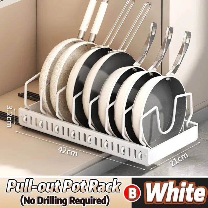 Pull-Out Kitchen Pot & Pan Organizer Rack | Adjustable Sliding Cabinet Storage