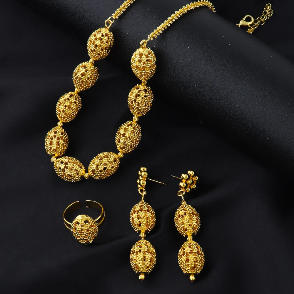 Golden Necklace Earrings Ring Jewelry Set