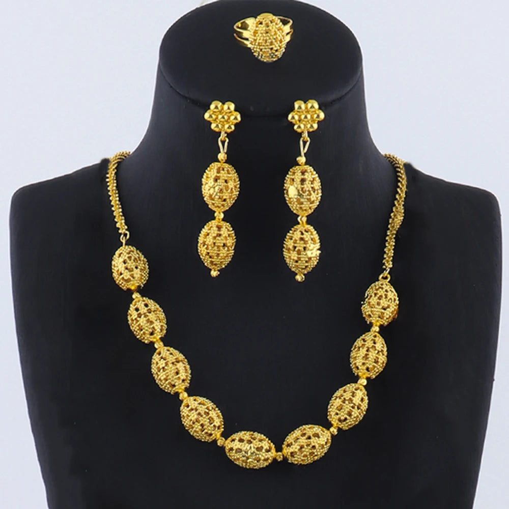 Golden Necklace Earrings Ring Jewelry Set