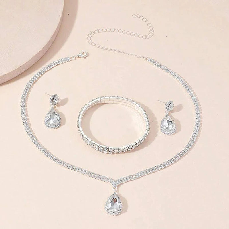 Rhinestone Necklace Earrings Bracelet Set
