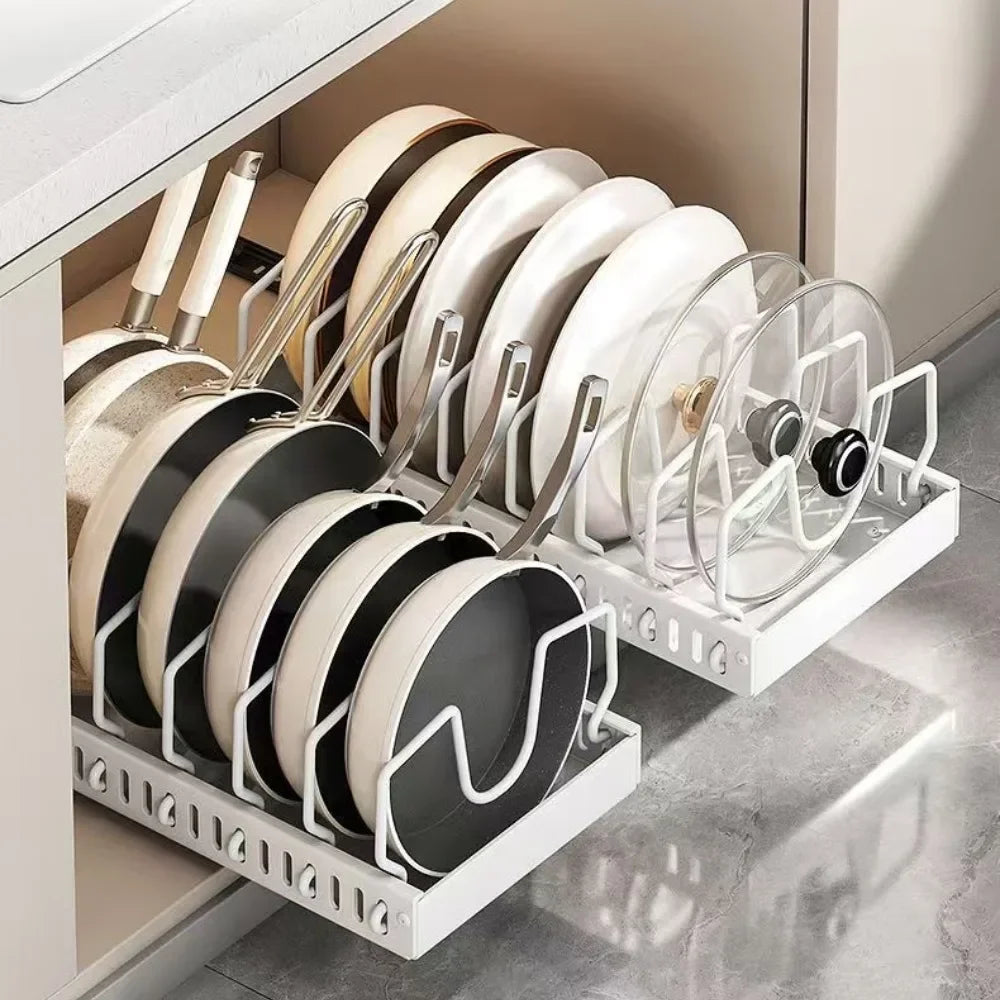 Pull-Out Kitchen Pot & Pan Organizer Rack | Adjustable Sliding Cabinet Storage